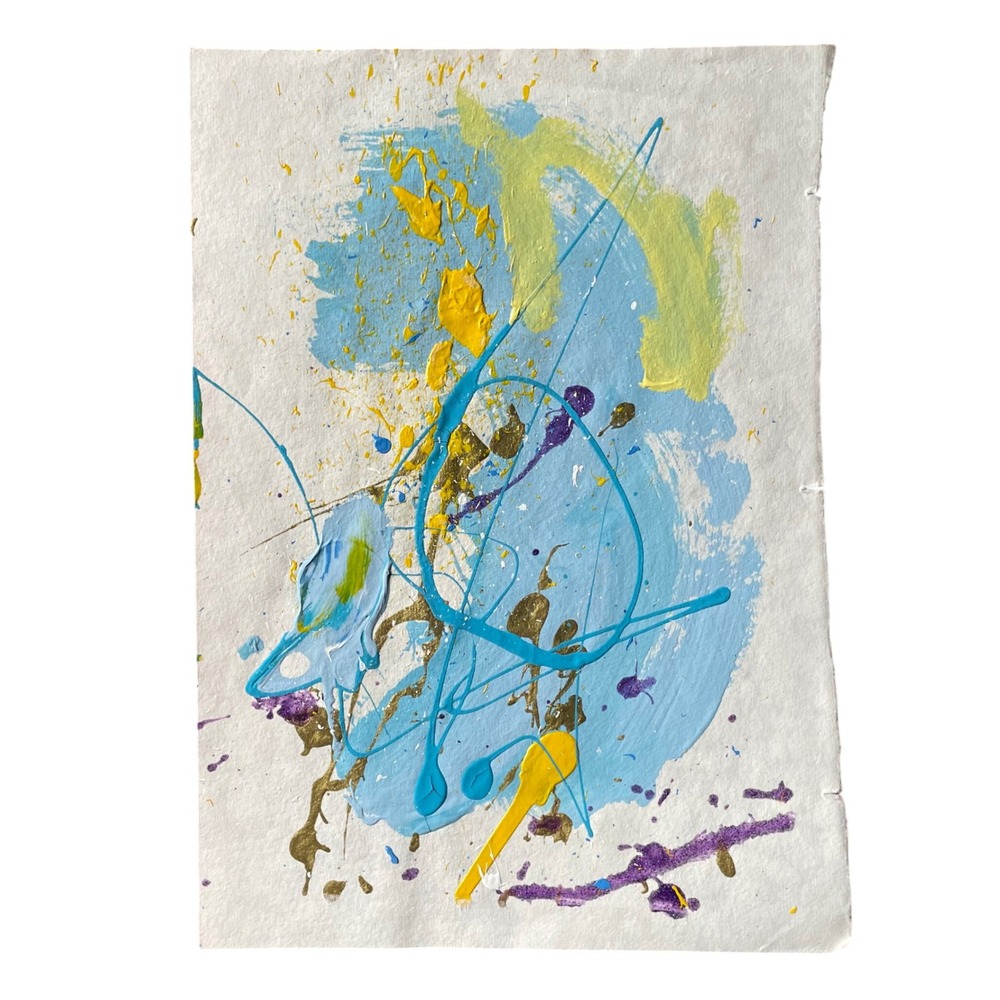OMAN Original Abstract Expressionist Acrylic Painting Blue Yellow Gold 8x11.5